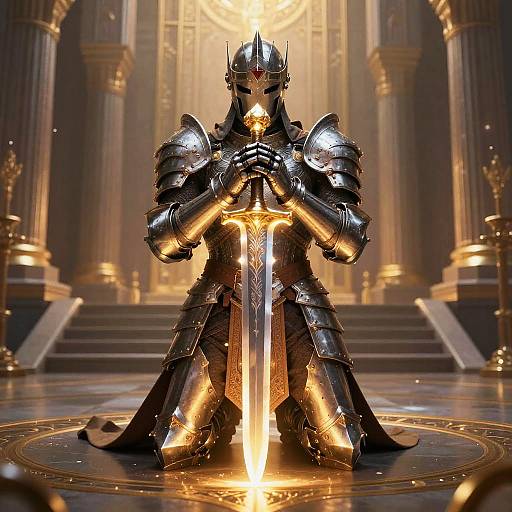 Human Paladin Praying with Glowing Sword