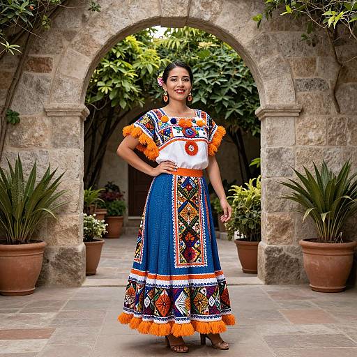 Photograph of a smiling Latina woman in a colorful, traditional Mexican dress with orange frills, standing in a stone arched courtyard with potted plants
