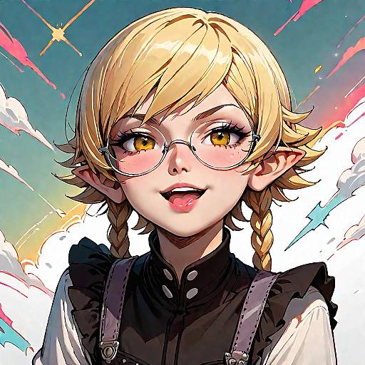 Digital anime-style portrait of a blonde elf girl with glasses, golden eyes, braided hair, black vest, and white shirt, smiling against a colorful