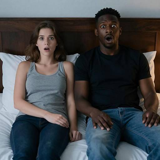 Shocked Couple Sitting on Bed