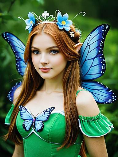 Young Woman in Fairy Costume with Blue Butterfly Wings