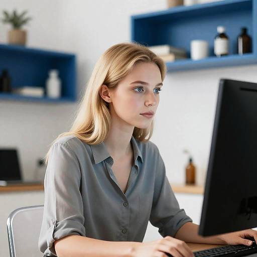 Blonde Woman Engaged with Computer Screen
