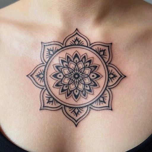 Black ink mandala tattoo on a light-skinned person's upper chest, featuring intricate floral patterns and symmetrical design elements. Photographic image.