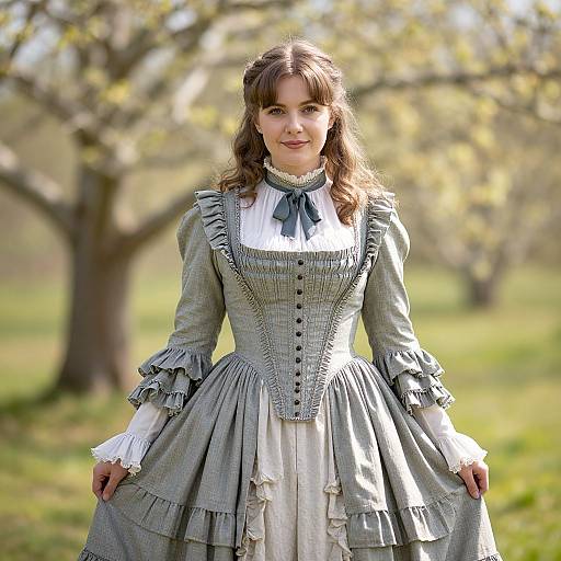Photograph of a young woman with light brown hair in an 18th-century-style grey and white dress, standing in a sunlit, leafy