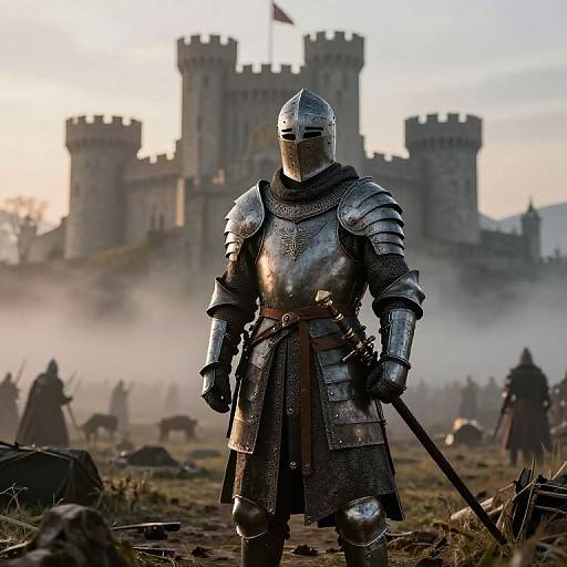 Photograph of a medieval knight in silver armor with a helmet, standing in a misty battlefield, with a castle in the background.