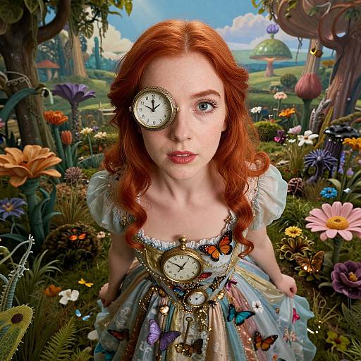 Photorealistic digital art of a fair-skinned, red-haired woman with an eyepatch clock, wearing a butterfly-adorned, clock-