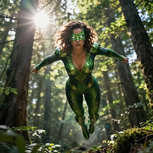 Photograph of a green-masked, green-suit superhero woman with curly hair, jumping mid-air in a sunlit, dense forest. Sunbe