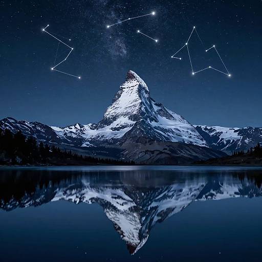 Photograph of a snow-capped mountain under a starry night sky with a constellation, reflected in a calm, mirror-like lake.