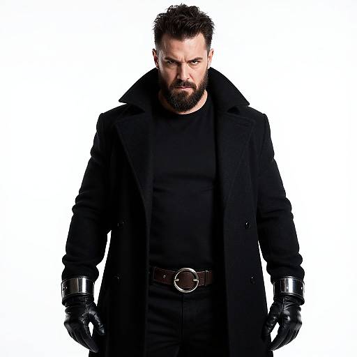 Photograph of a muscular, bearded man with dark hair, wearing a black coat, black shirt, black gloves, and belt, against a white