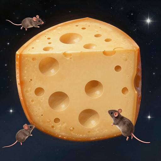 Digital illustration of three grey mice floating around a large, glowing, yellow-orange cheese cube in a starry, black space background.