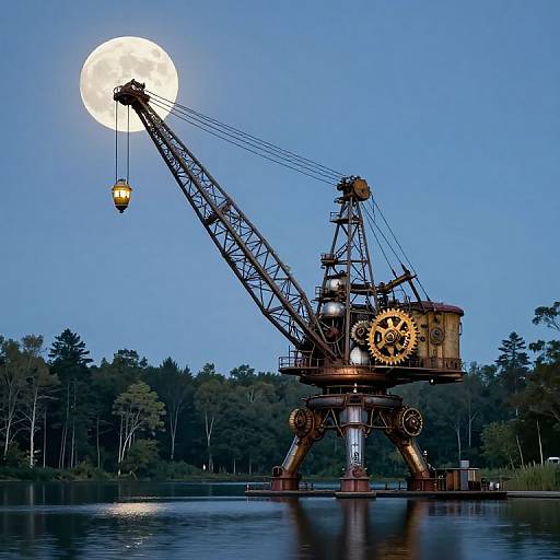 Steampunk Crane Over Tranquil Lake