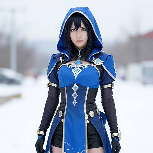 Photograph of a cosplay woman in a blue, hooded, fantasy outfit with black gloves and shorts, standing in a snowy outdoor setting.