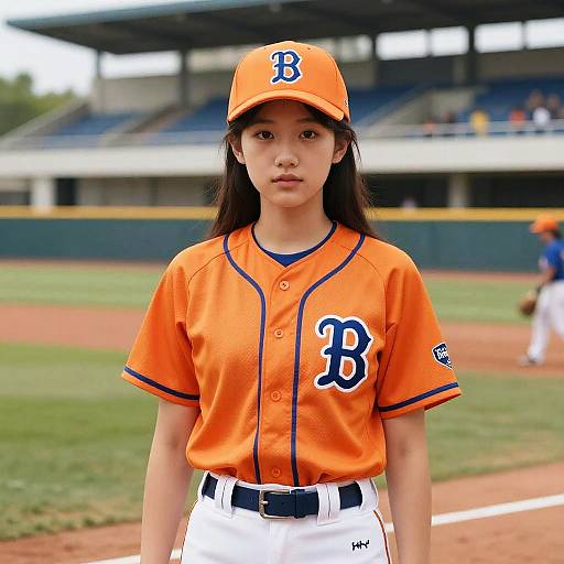 Photograph of an Asian teenage girl in an orange Boston Red Sox baseball uniform with a 