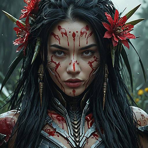 Fantasy Warrior Woman with Blood and Flowers