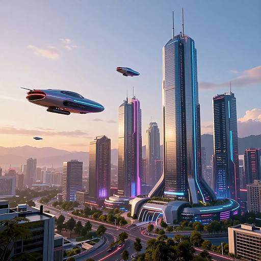Photorealistic CGI of a futuristic cityscape at sunset, featuring towering skyscrapers, flying cars, and neon lights, with a busy road below