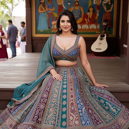 Photograph of a smiling South Asian woman with dark hair, wearing an intricate blue and gold traditional lehenga-choli set, standing on a wooden stage