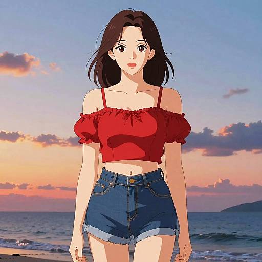 Anime-style digital illustration of a young woman with fair skin, black shoulder-length hair, wearing a red off-shoulder crop top and blue denim shorts