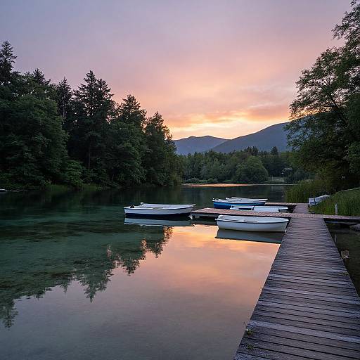Photograph of a serene lake at sunset, with seven small white boats moored on calm water, surrounded by dense trees and a wooden dock. Pink