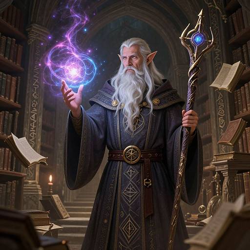 Digital illustration of a white-bearded, pointy-eared wizard in a dark robe, conjuring purple magic with one hand, holding a staff with