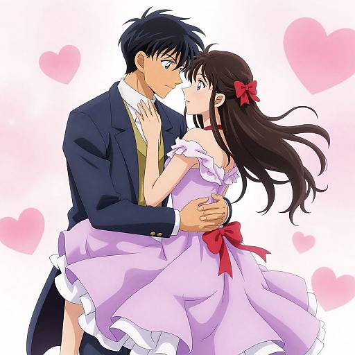 Anime-style digital drawing of a black-haired man in a suit and a brown-haired woman in a pink dress with red bows, embracing and gazing into