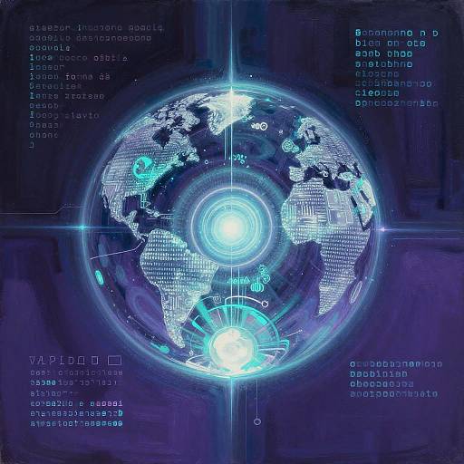 Digital CGI of a glowing, blue-lit Earth with binary code overlay, centered in a dark, cybernetic background with holographic effects.