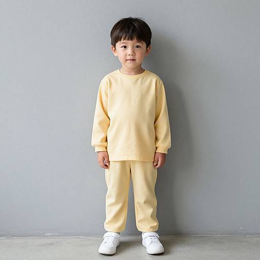 Photograph of an Asian toddler with short black hair, wearing a light yellow sweatset and white sneakers, standing against a plain gray wall.