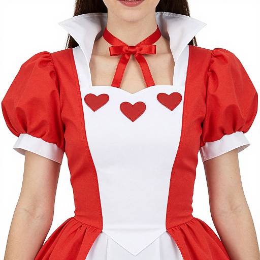 Photograph of a woman in a red and white maid costume with puffed sleeves, red heart patches, and a red ribbon choker.