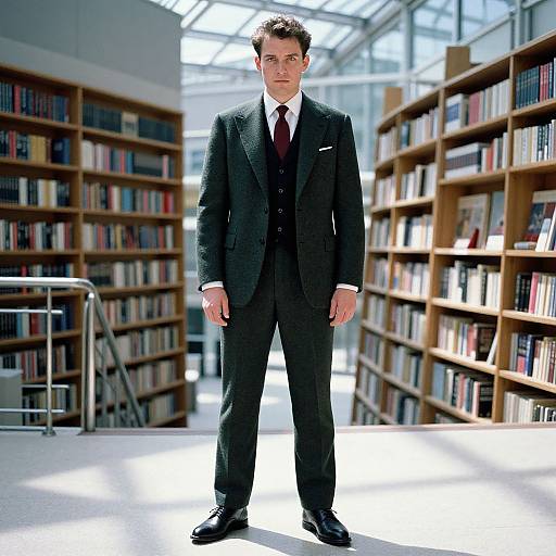 Photograph of a handsome, dark-haired man in a black three-piece suit and red tie, standing confidently in a sunlit, spacious library with tall