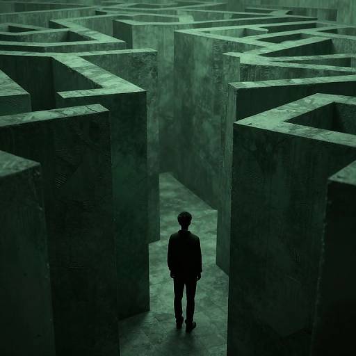 Silhouette of a person standing in a dark, green-tinged, maze-like, concrete structure. Mysterious and atmospheric, digital art.