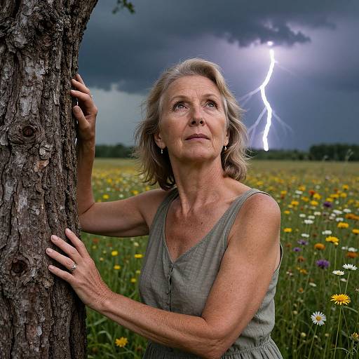 Photograph of a mature woman with short gray hair, wearing a sleeveless gray dress, standing beside a tree in a meadow during a lightning storm