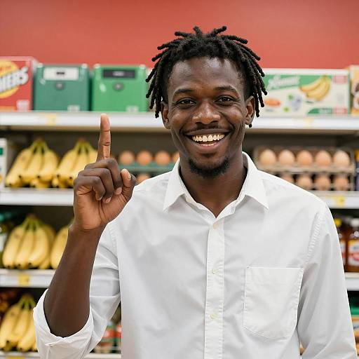 Smiling Man Pointing Up in Grocery Store