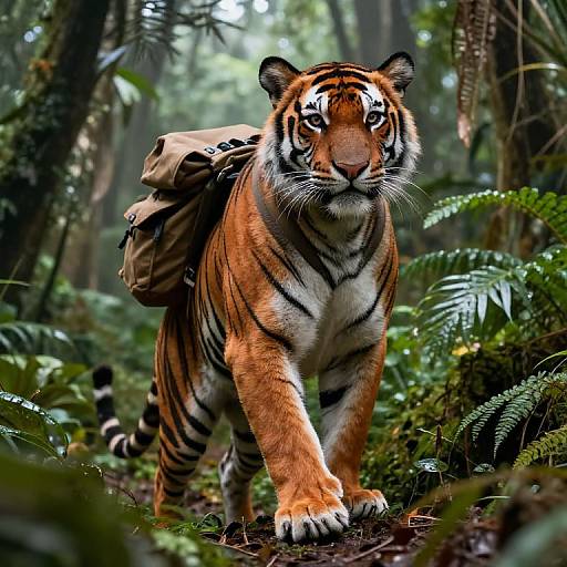 Photograph of a muscular, orange-striped tiger with a brown backpack, walking through a dense, lush forest with ferns and greenery.