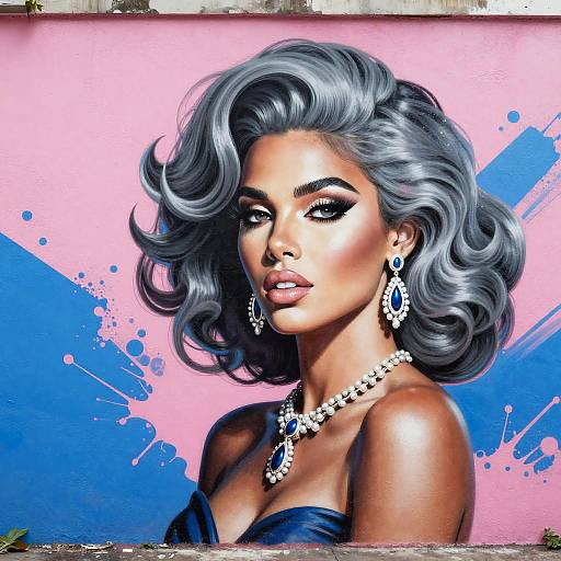 Digital portrait of a dark-skinned woman with voluminous silver-gray hair, wearing blue strapless top, blue and pink background, ornate jewelry,