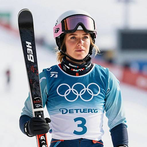 Photograph of a determined female alpine skier in blue uniform, white helmet, and goggles, holding black Rossignol skis, with 