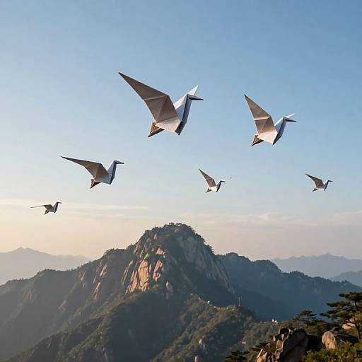 Photograph of six white paper kites soaring above a mountainous landscape with lush green hills and a clear blue sky.