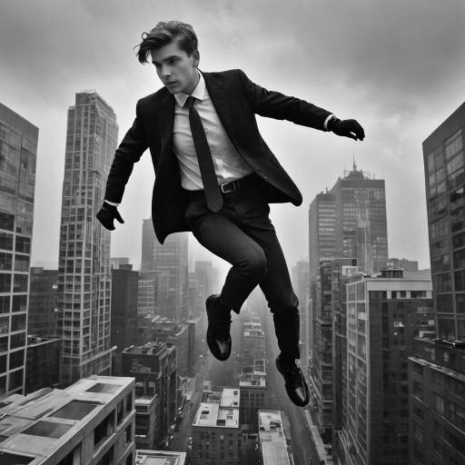 Floating Guy in Monochrome Cityscape