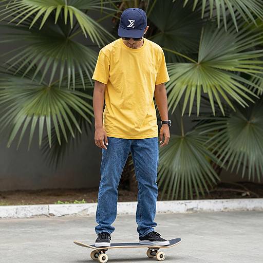 Young Man on Skateboard with Tropical Vibes