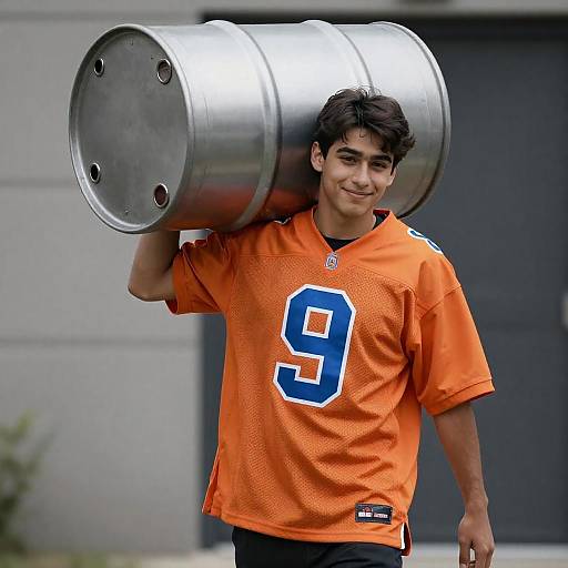 Young Man in Orange Jersey with Barrel