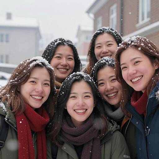 Group of Smiling Women in Snowy Winter