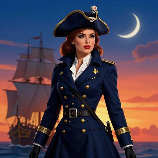 Digital art: Stunning red-haired woman in navy pirate uniform with gold buttons, skull hat, and black gloves, stands before a sunset sky and sailing ship