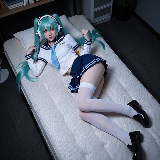 Photograph of a teal-haired anime cosplayer in a sailor uniform, lying on a white bed in a dimly lit room.