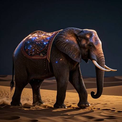 Photograph of a shimmering elephant adorned with sparkly blue and orange star patterns, standing in a dimly lit desert with golden sand.