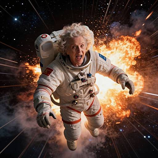 Photograph of an elderly white woman with curly white hair in a NASA spacesuit, floating in space, with a fiery explosion behind her.