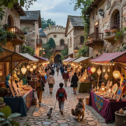 Photograph of a bustling medieval-style marketplace at dusk, with stone buildings, glowing lanterns, vendors' stalls, people walking, and a fluffy dog