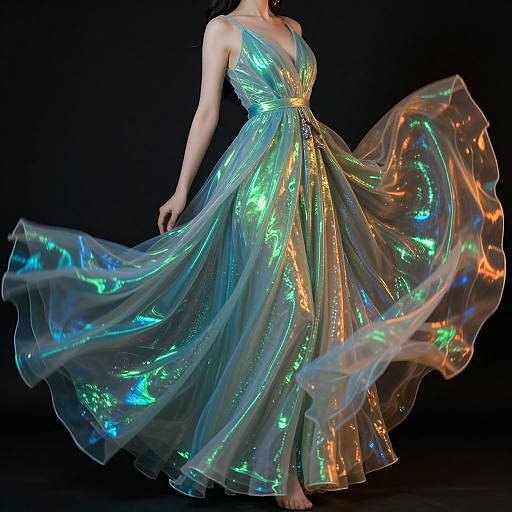 Photograph of a woman in a flowing, iridescent, multi-colored dress with electric green, blue, and orange lights, set against a black