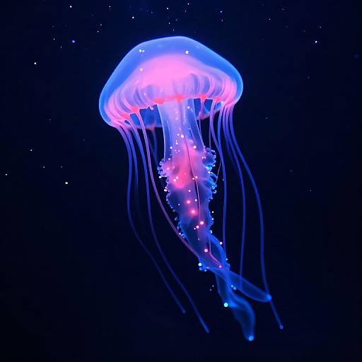 Vibrant blue and pink jellyfish with glowing tentacles floating in a dark, starry ocean, captured in a digital illustration style.