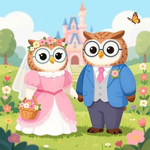 Anthropomorphic Owls Wedding Illustration