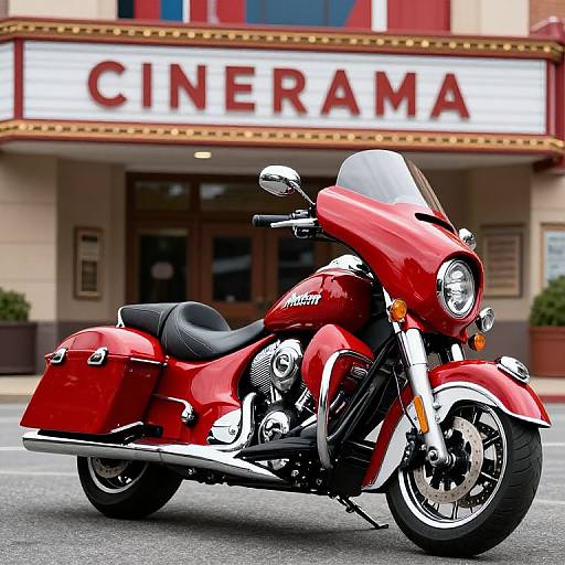 Photograph of a shiny red Harley-Davidson motorcycle parked in front of a marquee with the word 