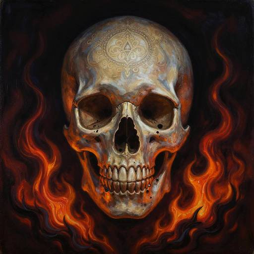 Digital painting of a glowing, ornate skull with intricate patterns, surrounded by vivid, fiery orange and red flames against a black background.