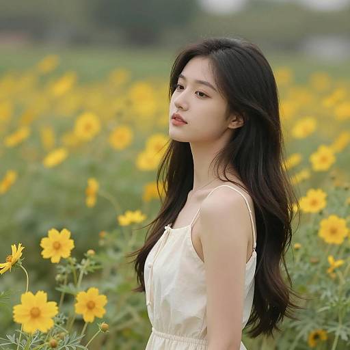 Young Woman in Yellow Flower Field